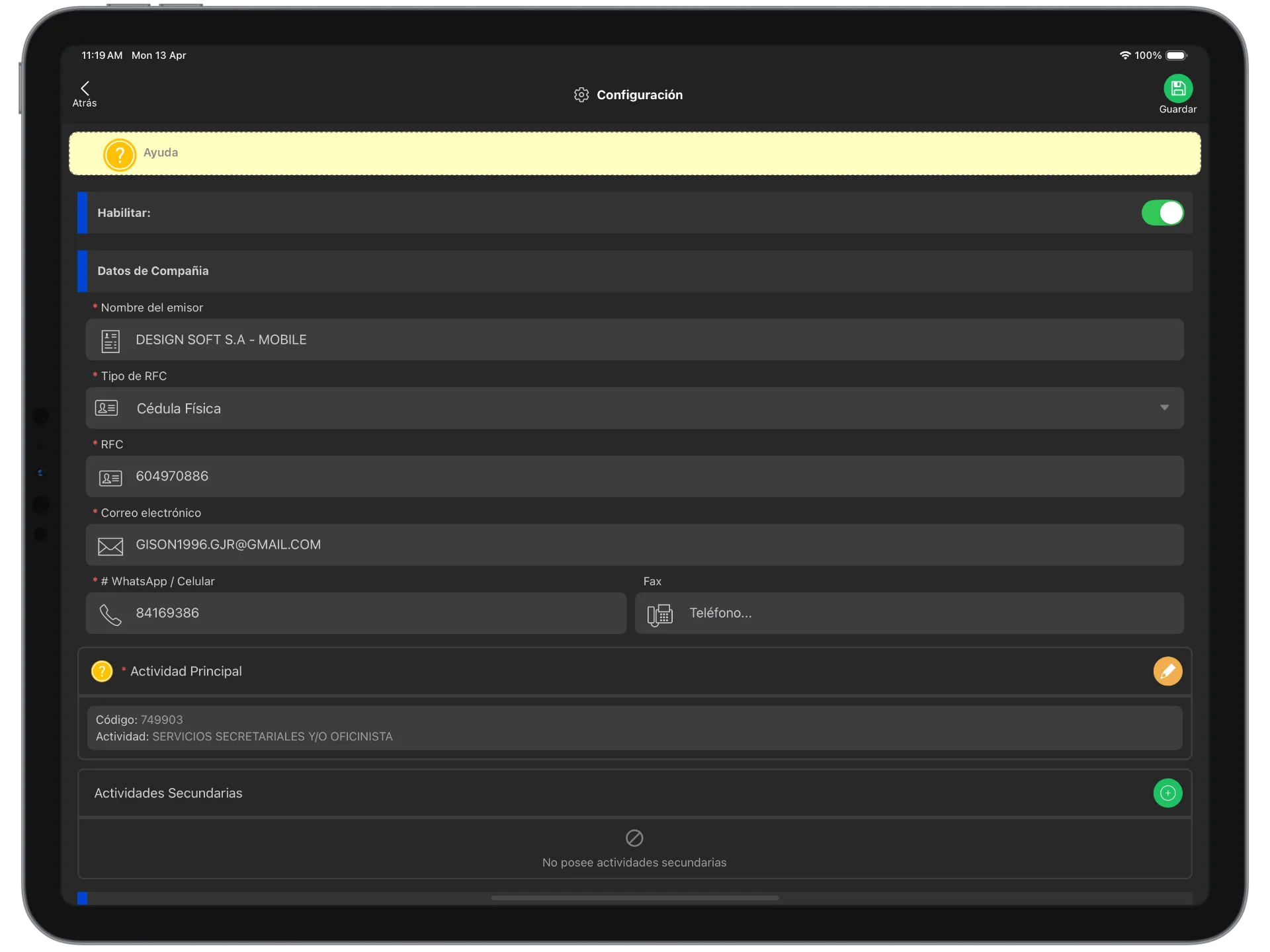 Configuración de facturación electrónica en FacturarOnline para activar datos del emisor
