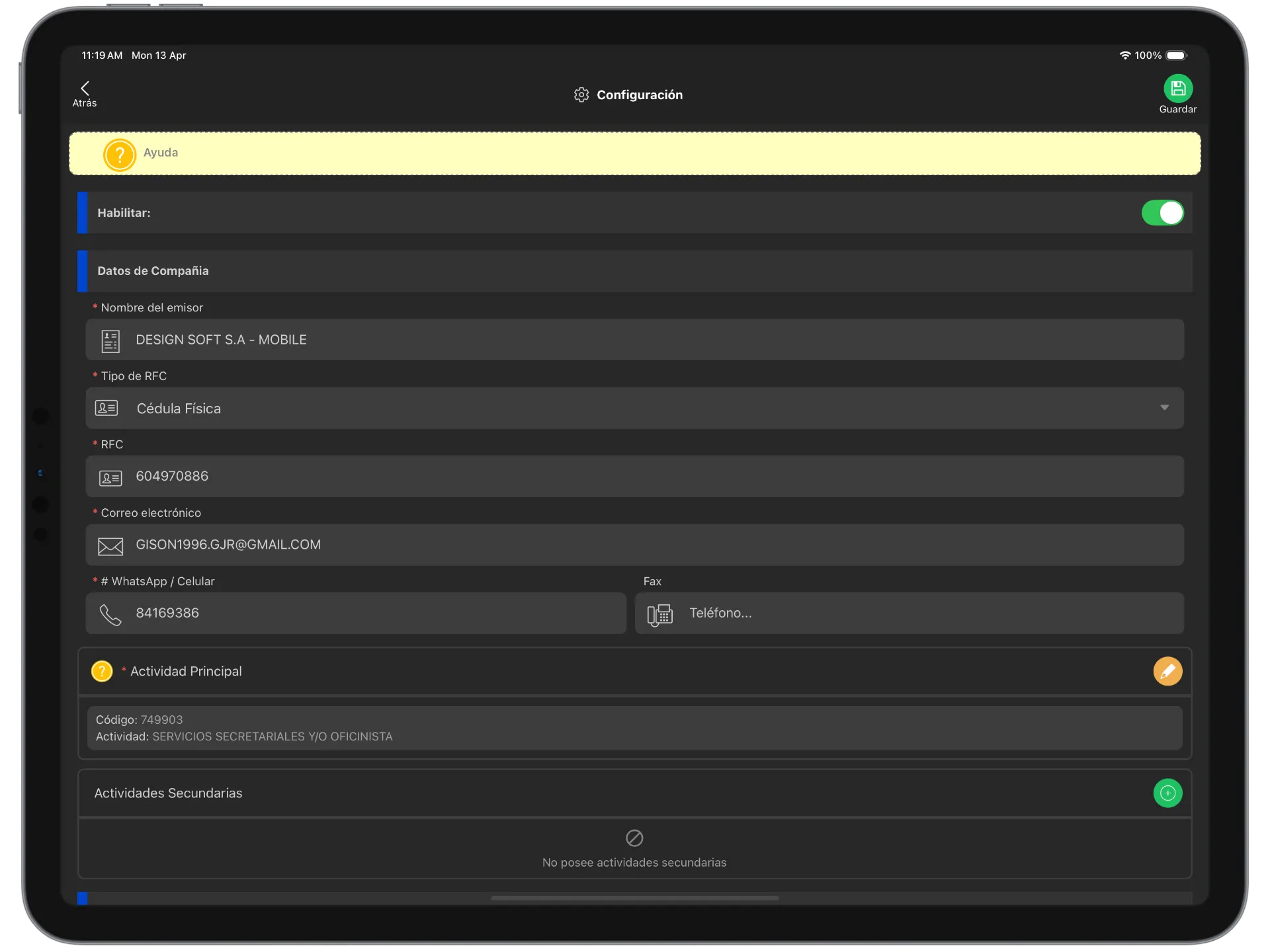 Configuración de facturación electrónica en Facturar Online con datos del negocio y parámetros del emisor