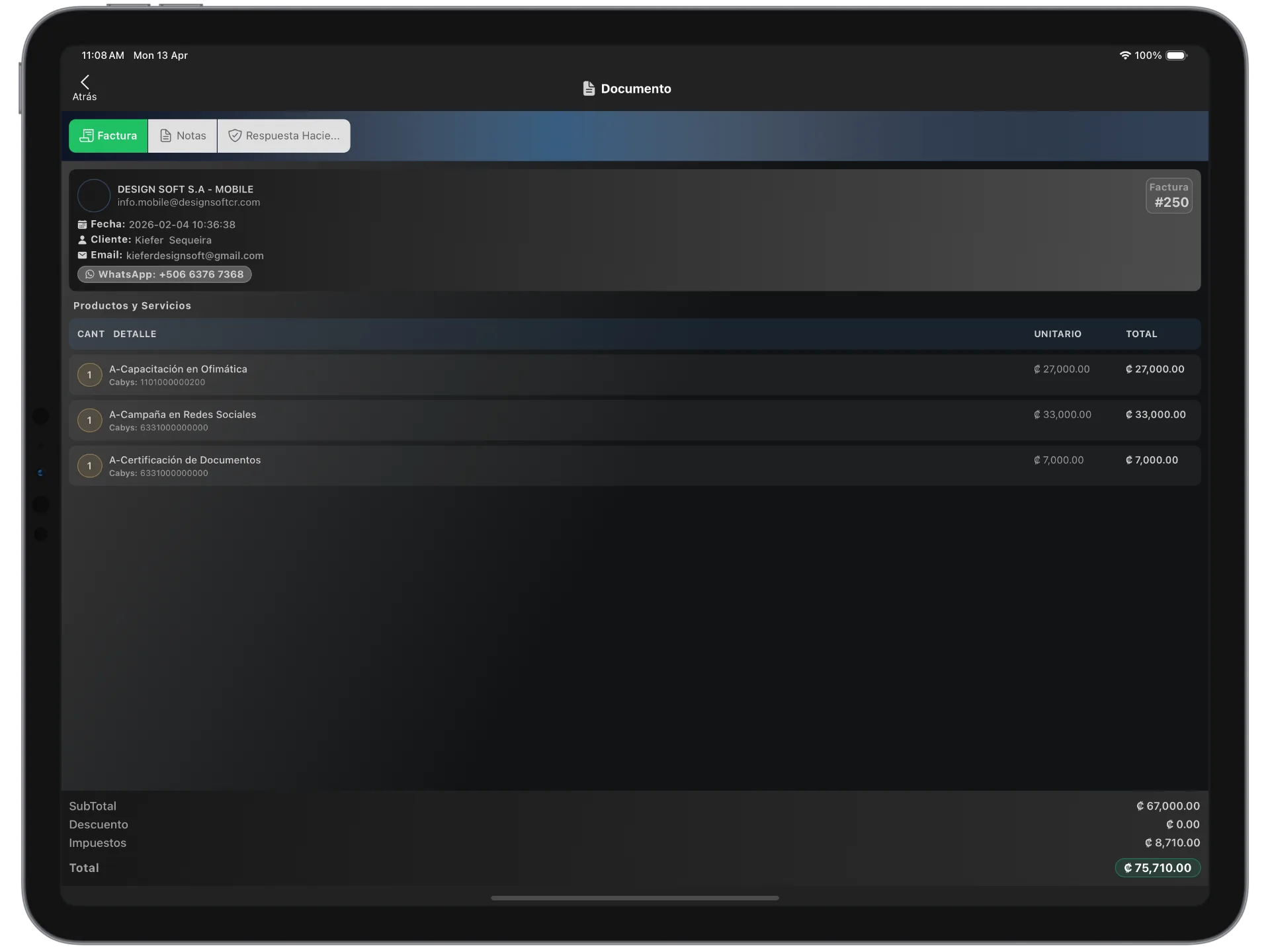 Detalle de factura electrónica en FacturarOnline con cliente, productos e impuestos