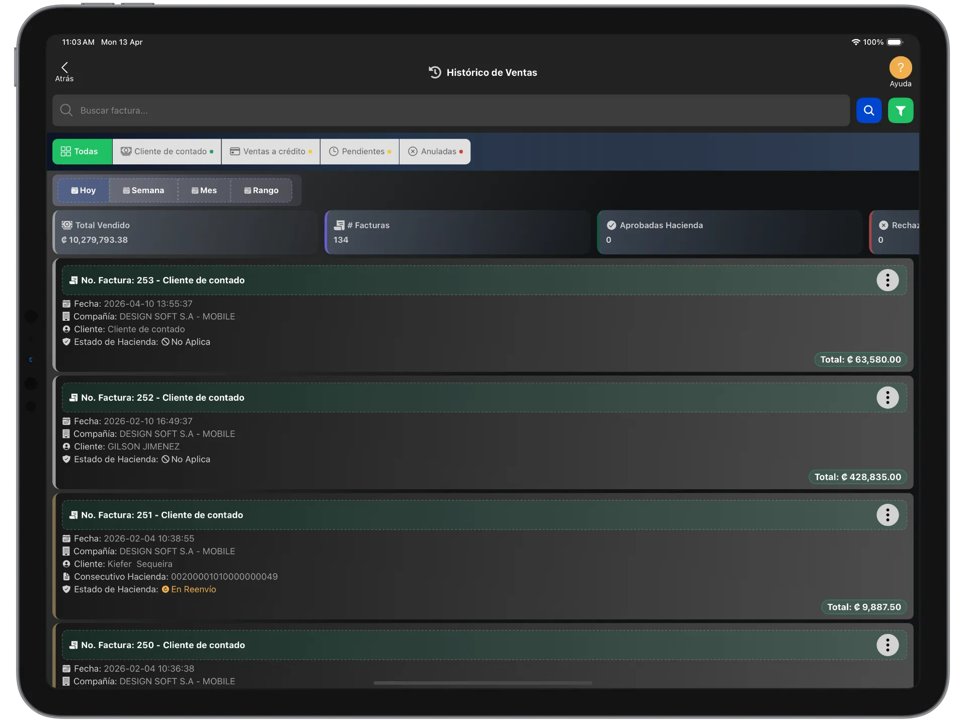 Histórico de ventas de Facturar Online con consulta y seguimiento de movimientos