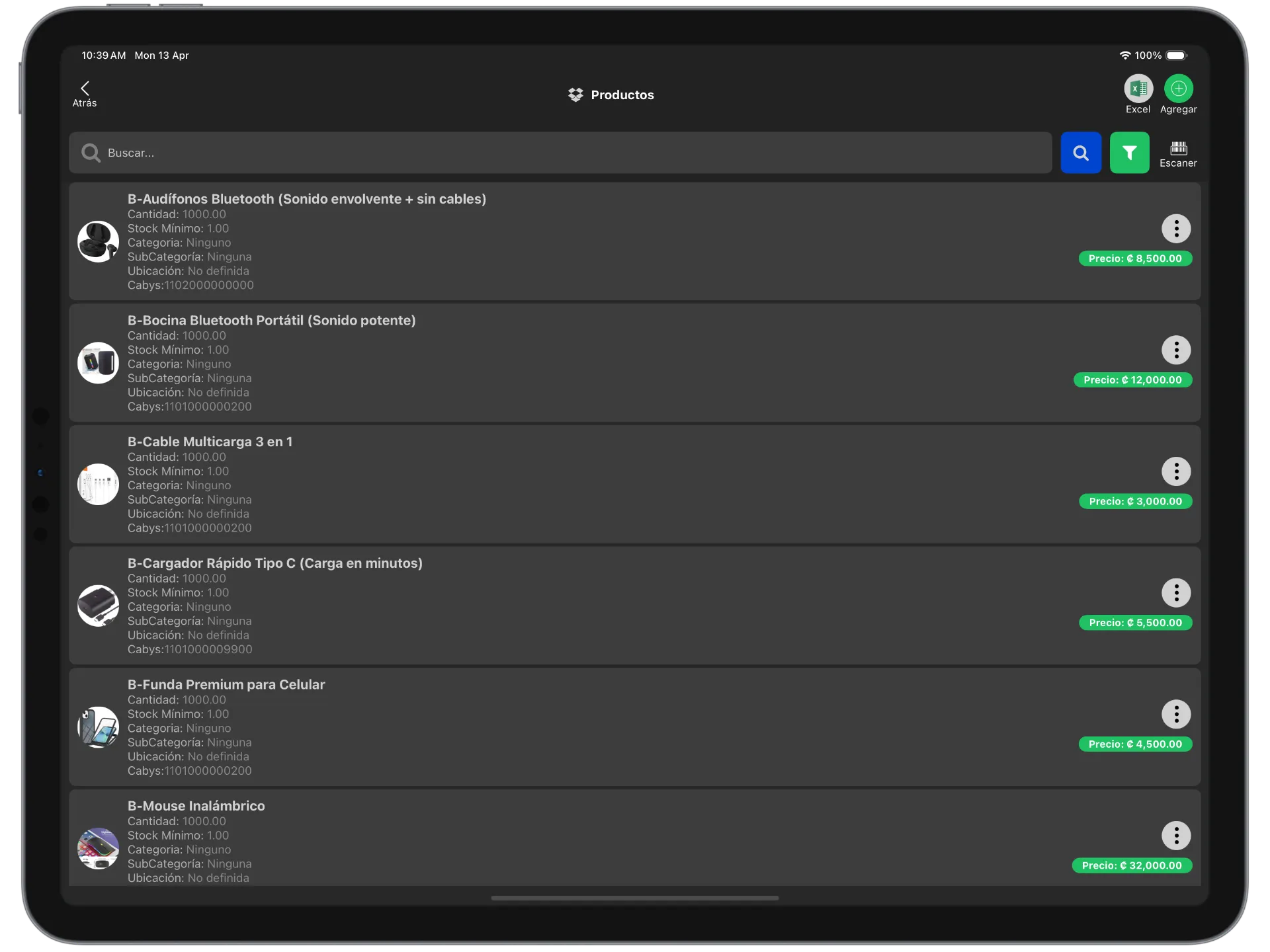 Módulo de inventario de Facturar Online con productos, existencias y control de stock