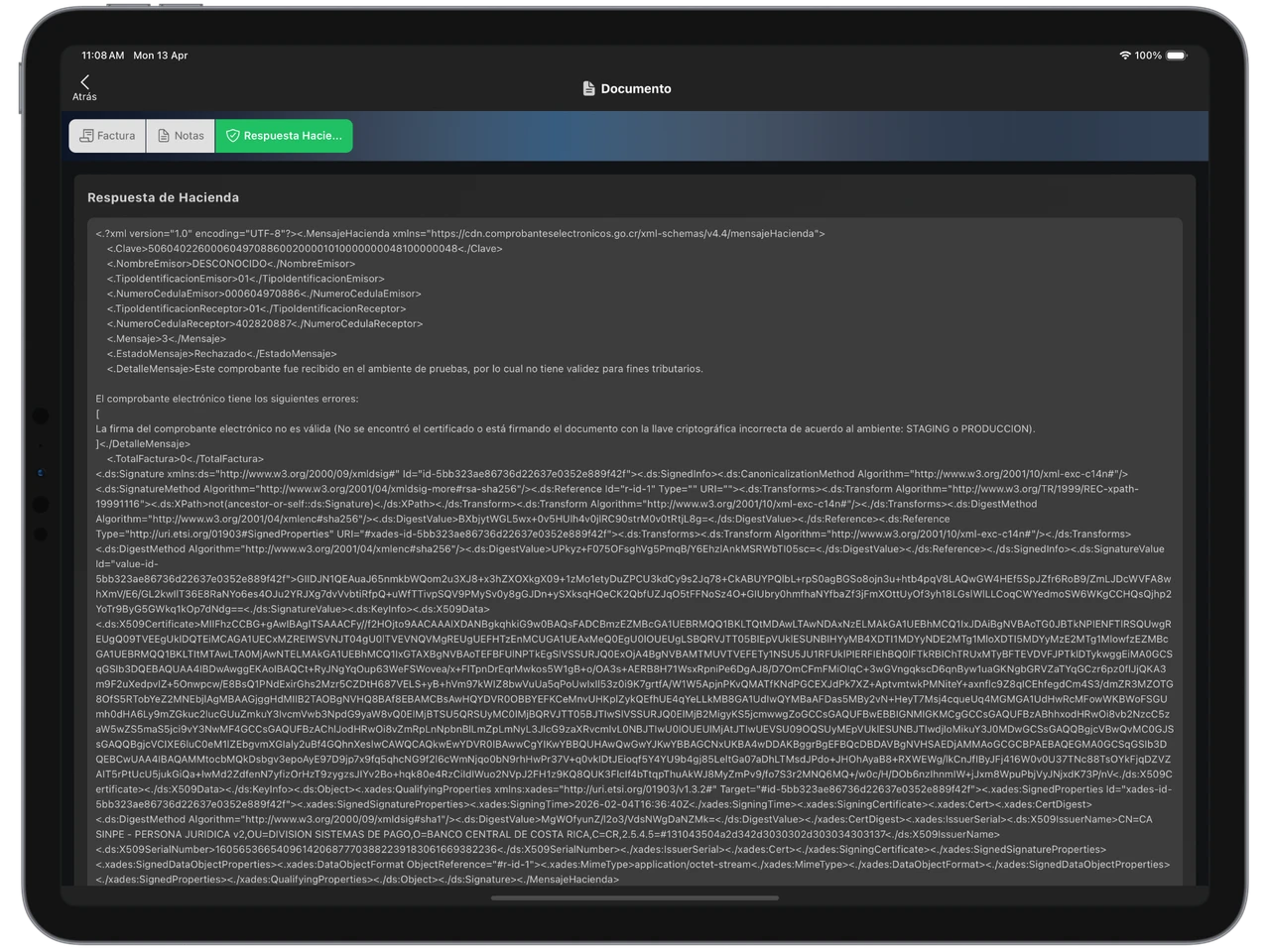 Verificá la respuesta XML y el estado tributario del comprobante